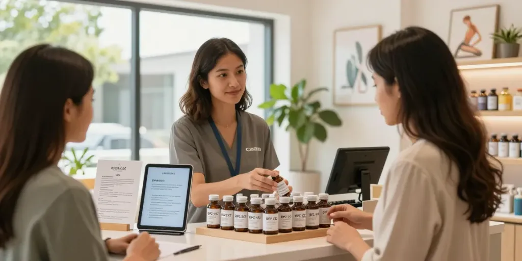 Buy bpc-157 Canada in a modern wellness store with staff assistance and product displays.