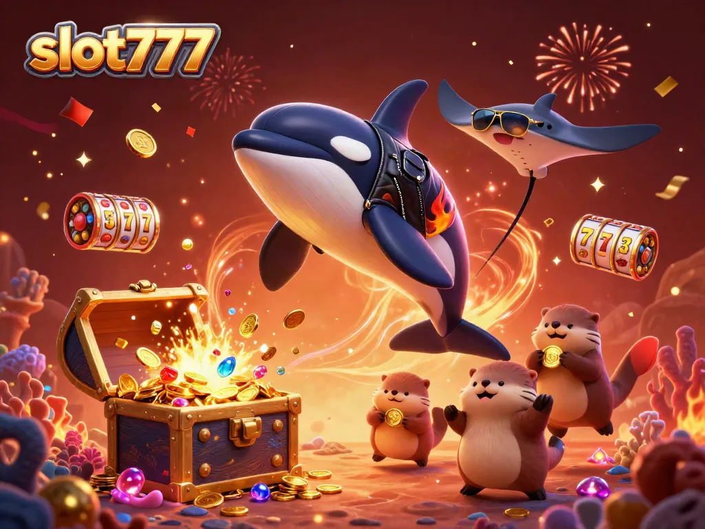 Bermain slot777 dengan paus orca, ikan pari, dan penguin otter di laut, sambil mengumpulkan koin emas.