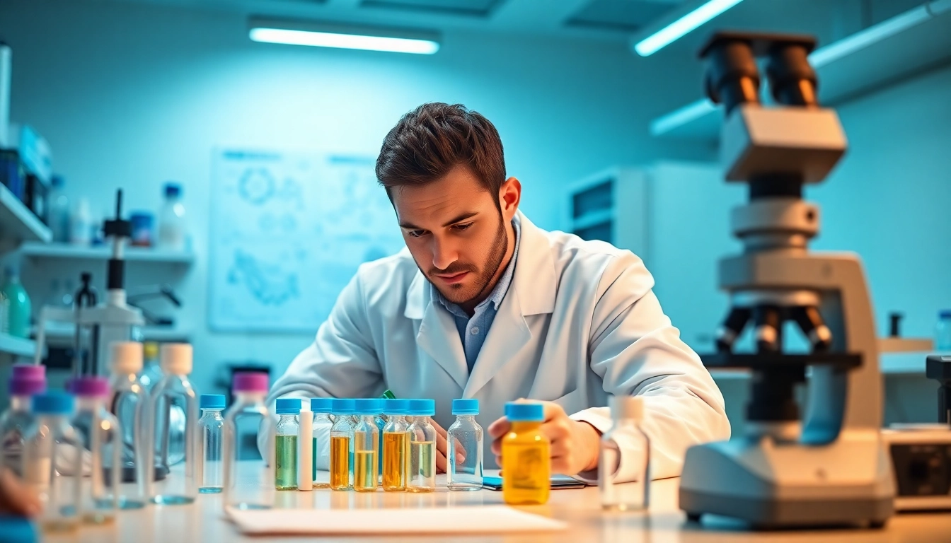 Buy melanotan 1 showcased in a professional research lab setting with a focused researcher.