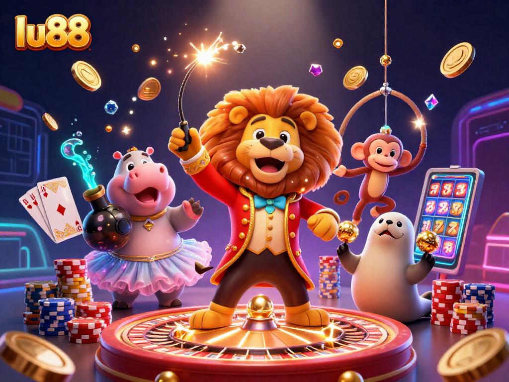 Join the excitement at lu88 with a vibrant 3D scene of casino characters and game elements in action