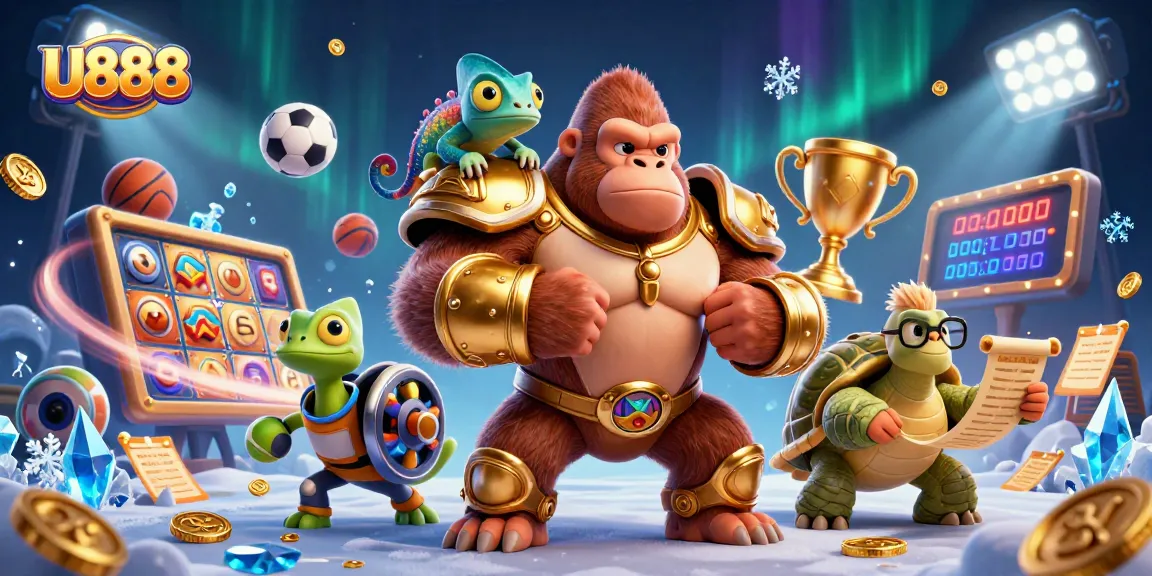 Engage with U888's thrilling slots and jackpots in this vibrant casino adventure illustration.