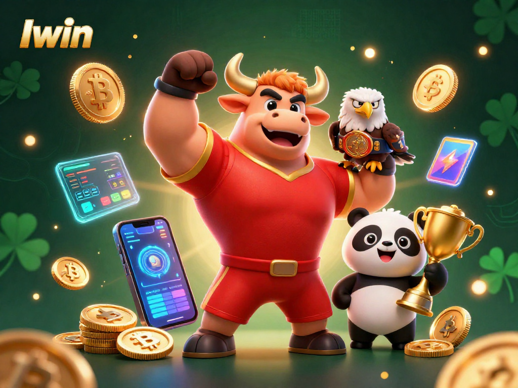 Iwin celebrates with a bull, eagle, and panda, surrounded by crypto coins and casino elements