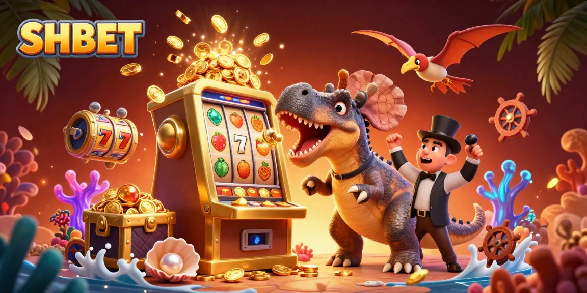 SHBET jackpot excitement as a dinosaur interacts with a slot machine amidst a vibrant casino scene.