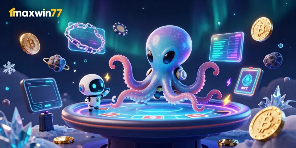 Experience winning moments with maxwin77 in a vibrant alien casino scene featuring crypto elements.