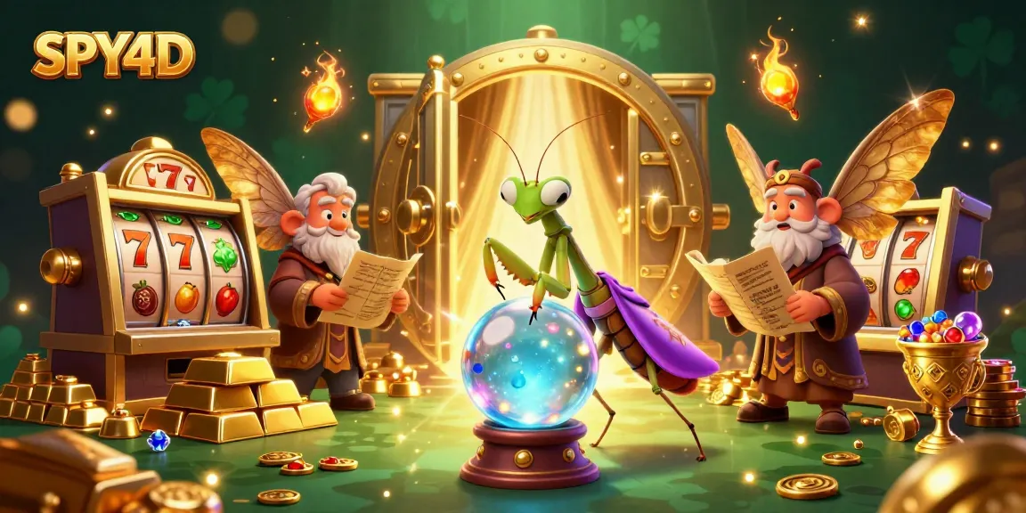 Memainkan SPY4D di mesin slot, dikelilingi oleh simbol keberuntungan dan harta karun.