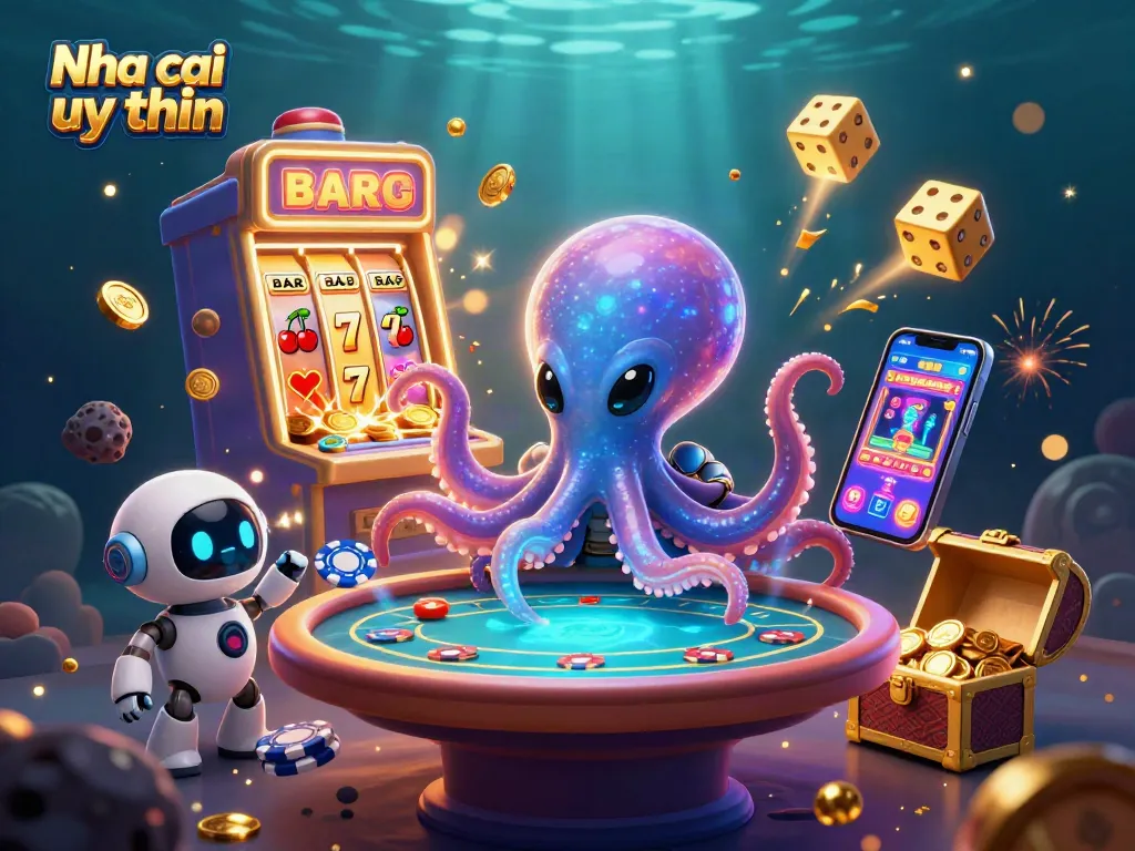 Nha cai uy tin showcases an alien octopus and robot at a vibrant casino, spinning luck!