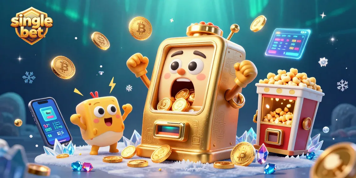 Exciting single bet adventure with cartoon slot machines hitting jackpots amidst crypto elements.