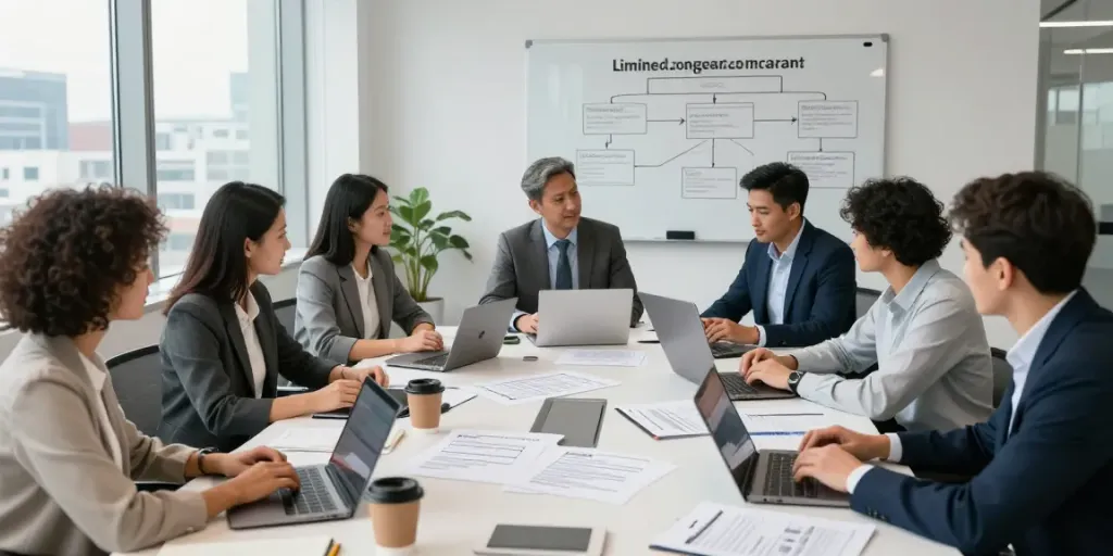 Team collaborating to set up a limited company in Ireland during a meeting.
