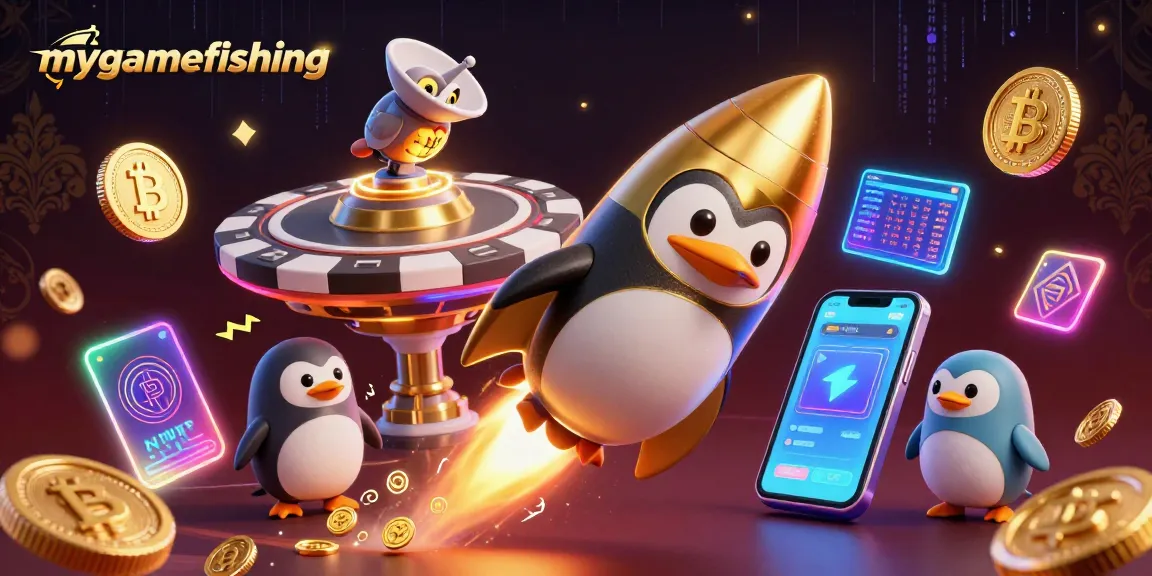 Experience mygamefishing with a cosmic penguin adventure featuring vibrant casino elements.