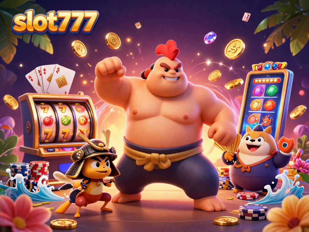 Play slot777 reels and win big with our dynamic casino illustration featuring vibrant characters and glamorous elements.