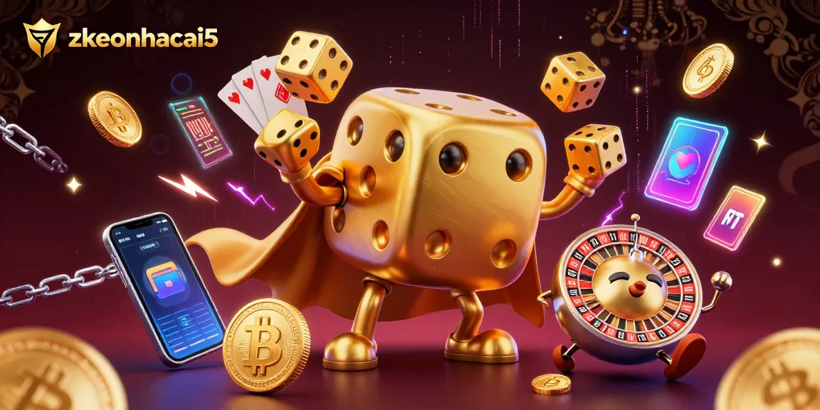 Engage with zkeonhacai5 through this dynamic 3D casino illustration showcasing golden dice and crypto elements.