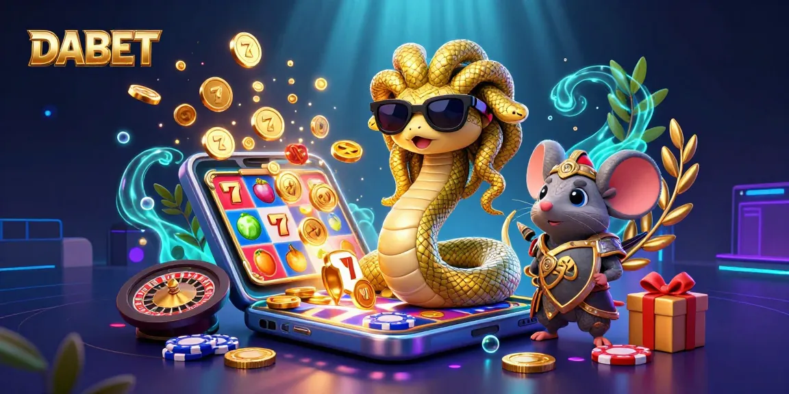 DABET showcases a vibrant slot game scene with Medusa and a warrior mouse amidst golden coins and lively game elements.