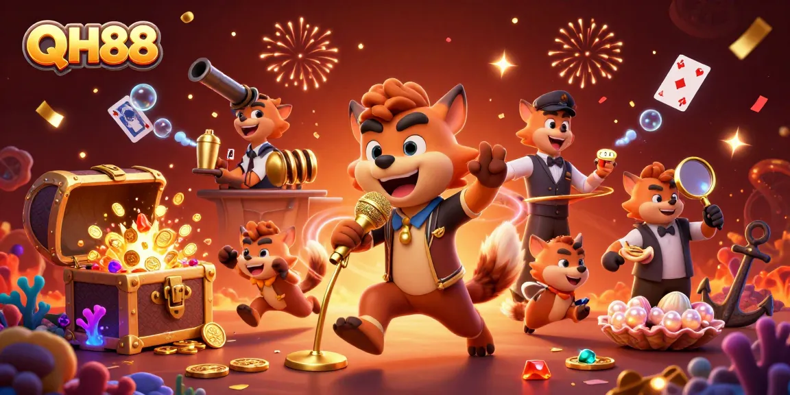 QH88 brings excitement with a lively casino scene featuring hyenas, gold coins, and colorful gems.
