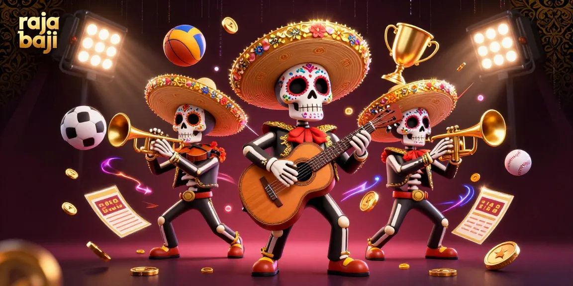 Engage with raja baji in an electrifying 3D illustration featuring vibrant mariachi characters and dynamic sports elements.