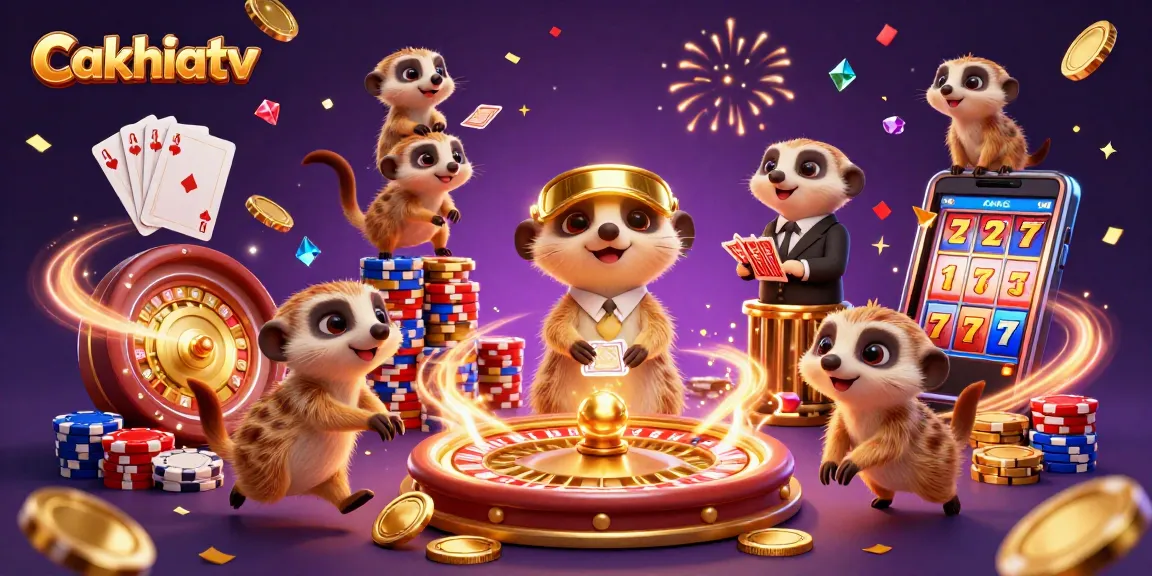 Cakhiatv casinos featuring meerkats running the show with vibrant casino elements and action-packed gaming fun.