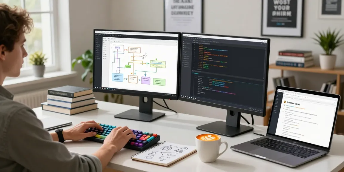 Build internal tools with AI in a modern workspace featuring a developer coding on dual monitors, flowcharts, and coffee.