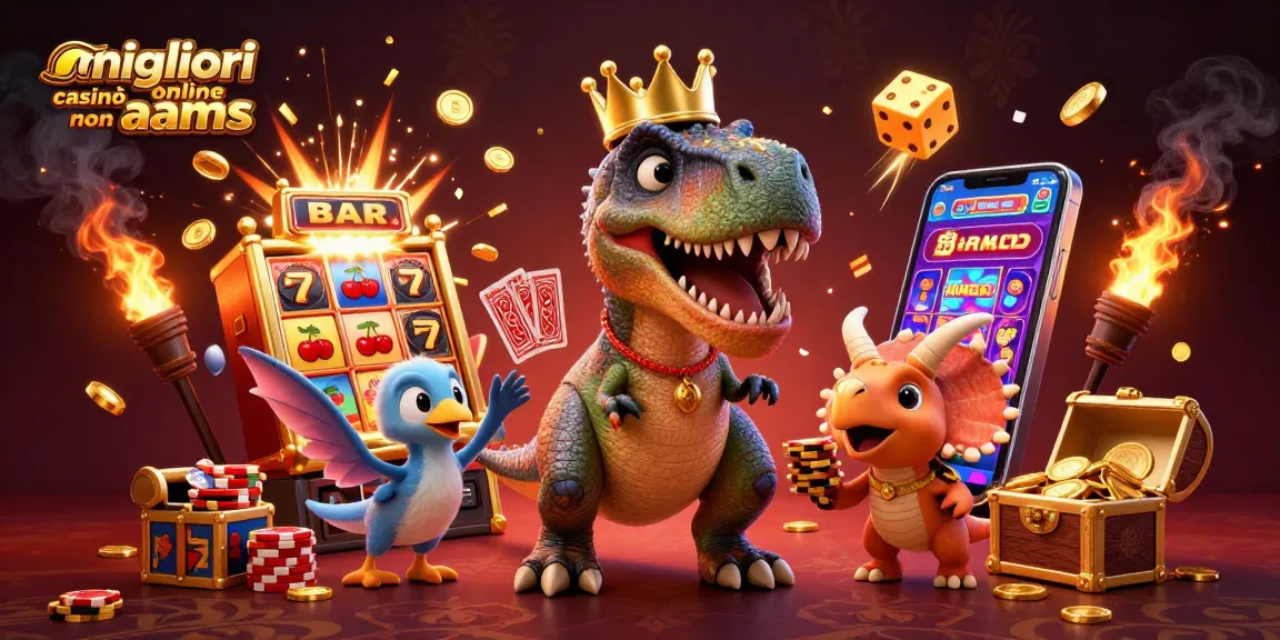 Migliori casinò online non AAMS: Il T-Rex gioca a carte mentre un triceratopo stacka fiches d'oro.