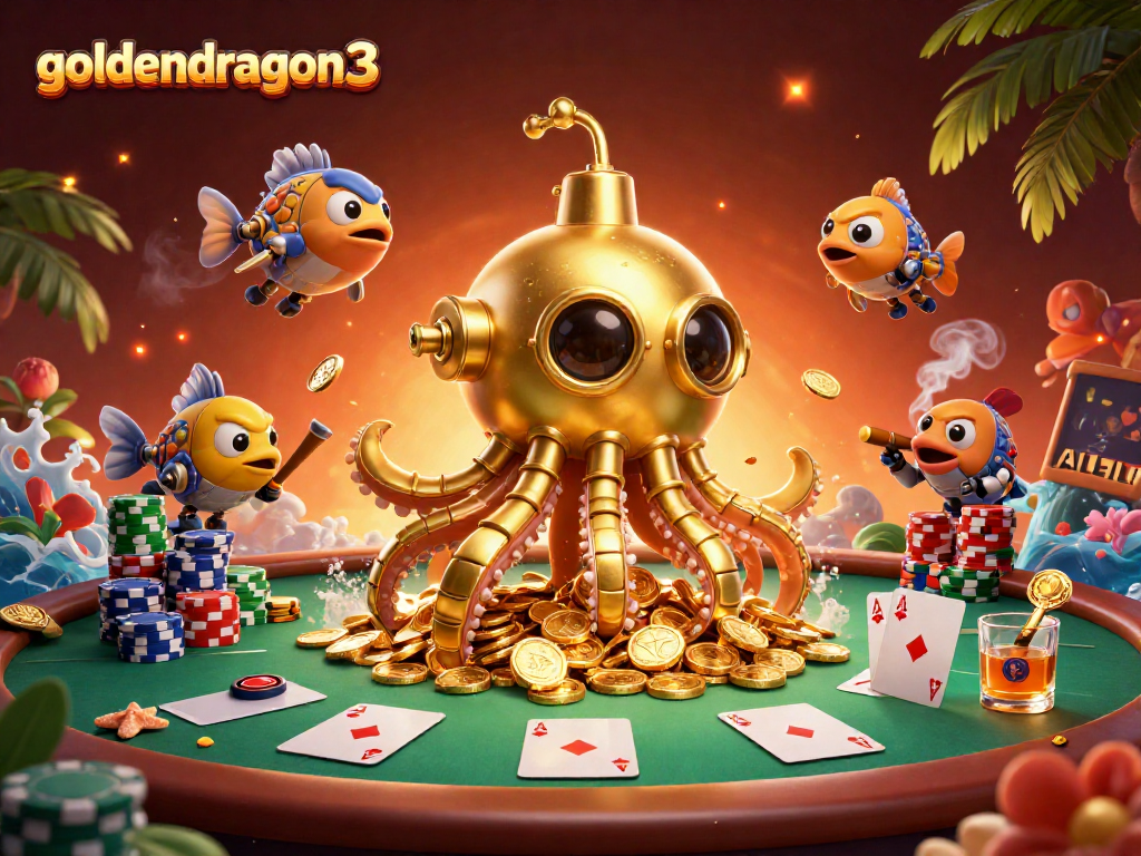 Experience thrilling jackpots with goldendragon3, featuring a golden kraken submarine and poker-themed elements.