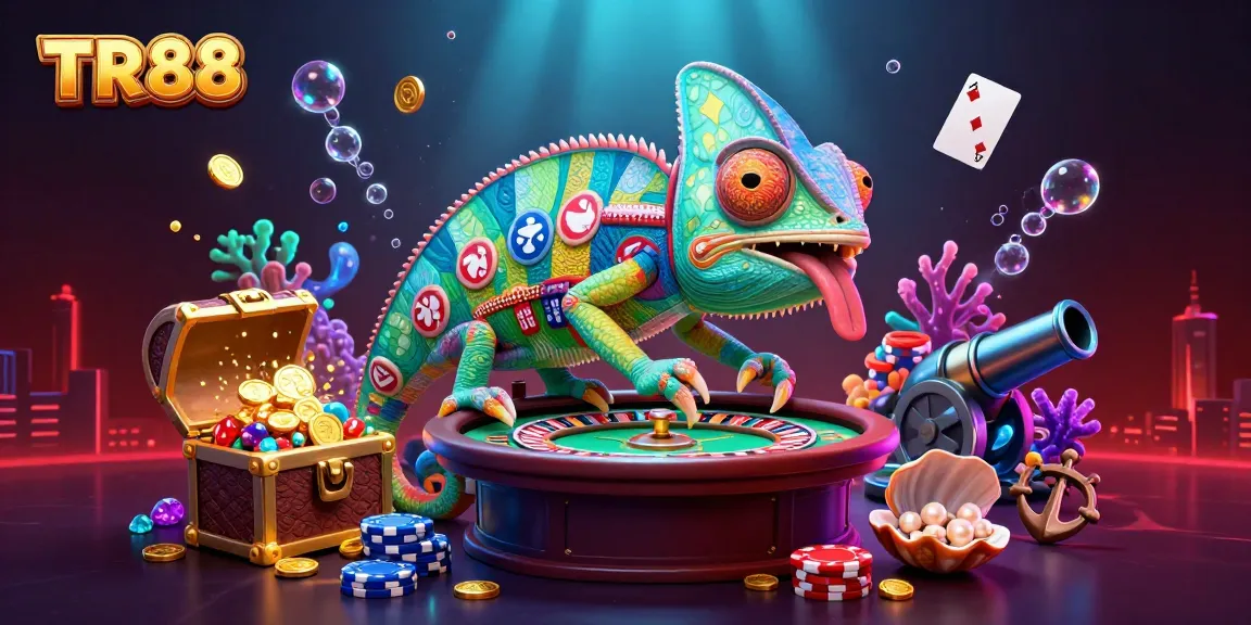 Experience TR88's vibrant casino adventure with a colorful chameleon, poker elements, and gold treasures!