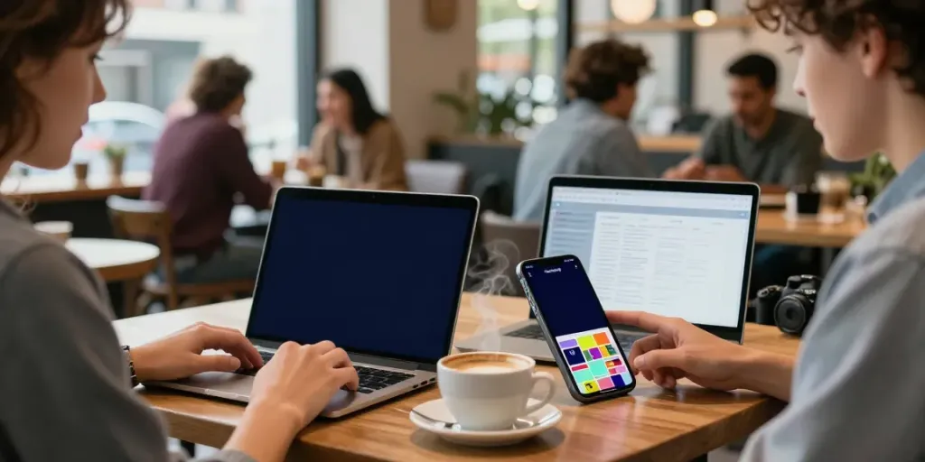 User engaging with Insanony app in a vibrant coffee shop setting.