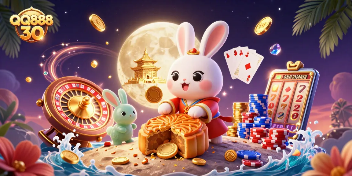 Experience the thrill of QQ888 30 with golden coins, poker chips, and festive characters in a vibrant casino scene.