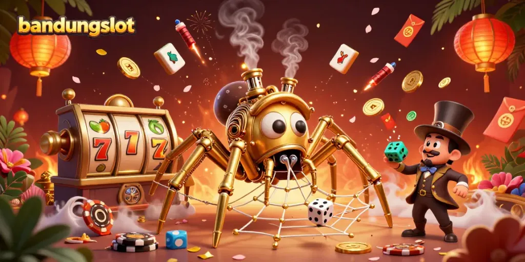 Engage with bandungslot's thrilling gameplay featuring a steampunk spider, jackpot symbols, and festive elements.
