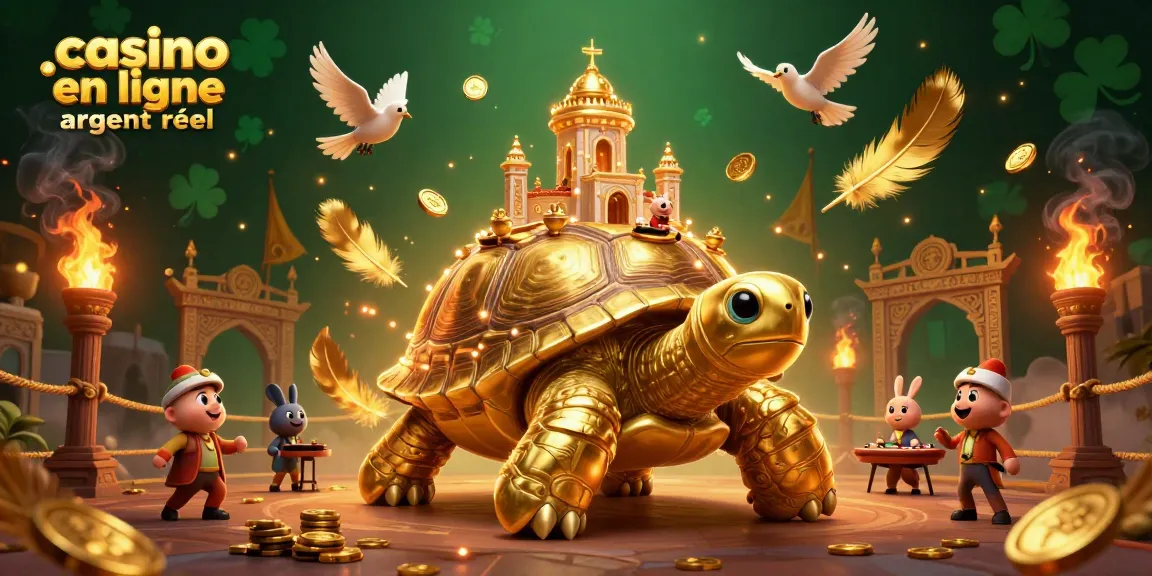 Explore une scène dynamique de casino en ligne argent réel avec une tortue dorée et un dealer en lapin.