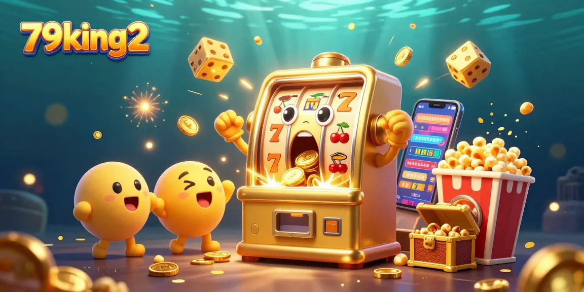 Engaging illustration of 79king2, showcasing a golden slot machine celebrating a jackpot amidst coin bursts.
