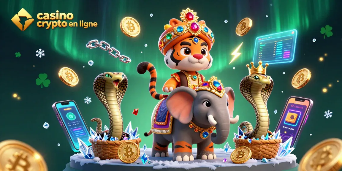 Profitez de l'expérience de jeu aux casino crypto en ligne avec un tigre maharaja et des éléments blockchain scintillants.