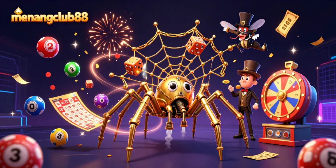 Join the fun at menangclub88 with a steampunk spider capturing dice and lottery balls in a vibrant casino scene.