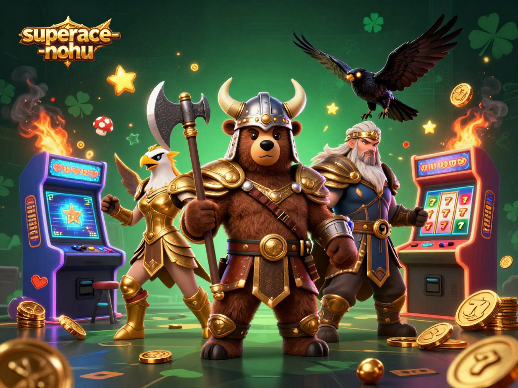 Engage with superace-nohu as cute Viking bear battles in a vibrant casino arcade.