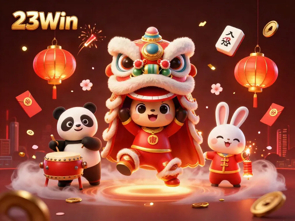 Engage with thrilling 23Win casino experiences featuring lucky symbols and festive characters.