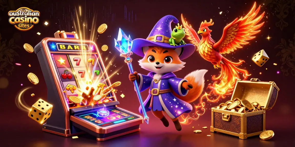 Engage with australian online casino sites featuring a wizard fox and phoenix in a magical casino scene.
