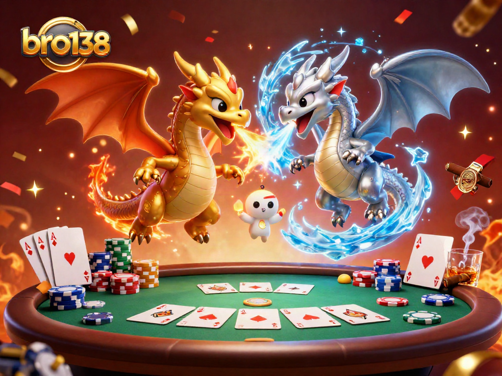 Experience thrilling gameplay at bro138 with dynamic 3D dragons entwined over a poker table.