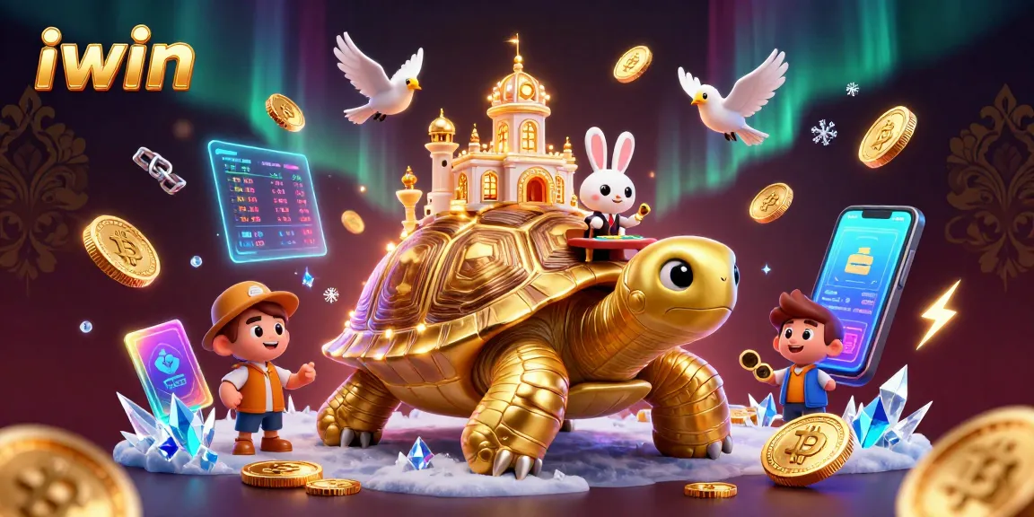 Win big at iwin Casino with our golden tortoise holding a vibrant card table under dazzling lights.