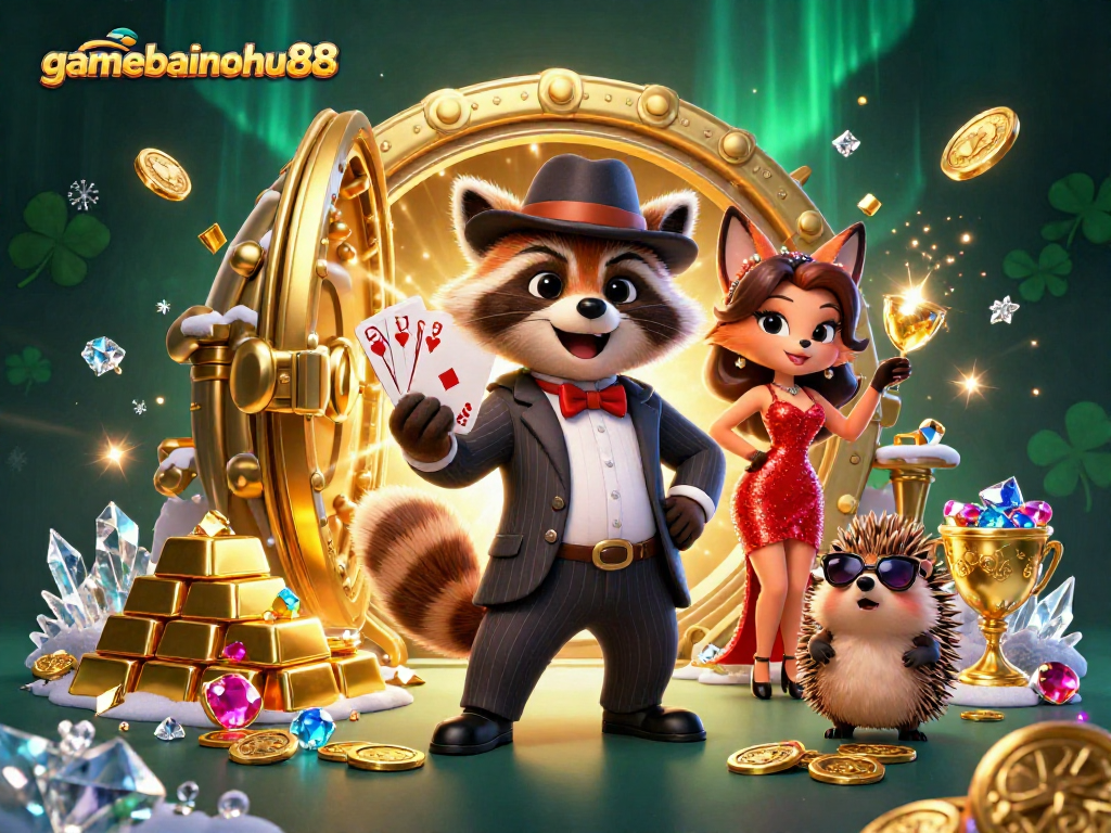 Experience thrilling gameplay at gamebainohu88 with raccoon and friends amidst sparkling treasure!