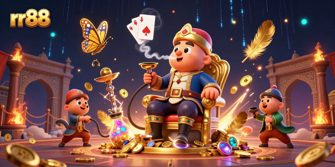 Engage in thrilling casino games with rr88, showcased by a dynamic 3D scene featuring unique characters and elements.