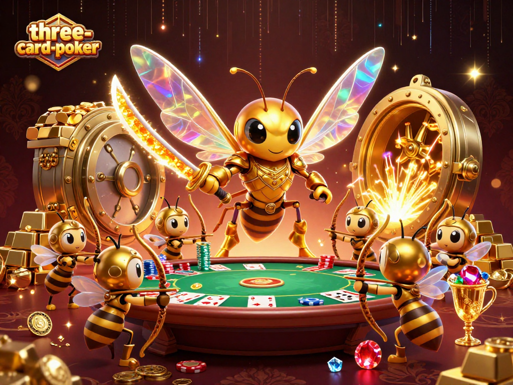 Engage in three-card-poker excitement with vibrant casino elements and bold characters.