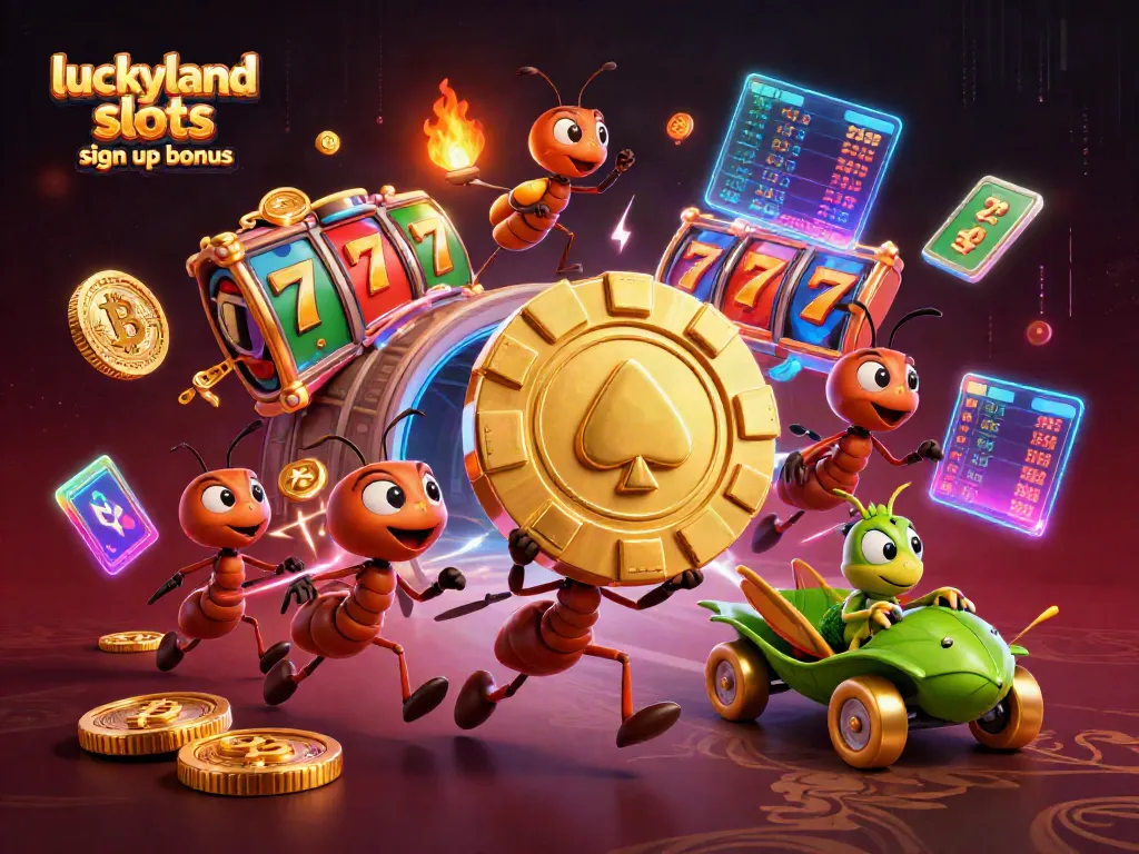 Activate the luckyland slots sign up bonus with golden poker chip heist and vibrant game elements.