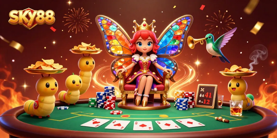 Experience the excitement of SKY88 with vibrant poker and characters in dynamic casino scene.