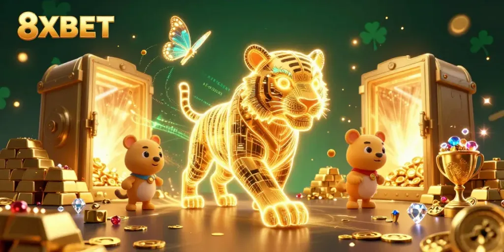 Experience the vibrant 8XBET casino world with a golden tiger and treasures in a thrilling game scene.