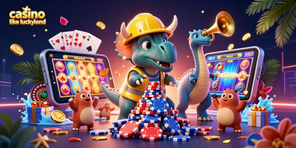 Unleash excitement with casino like luckyland as the cartoon triceratops builds poker chip towers.