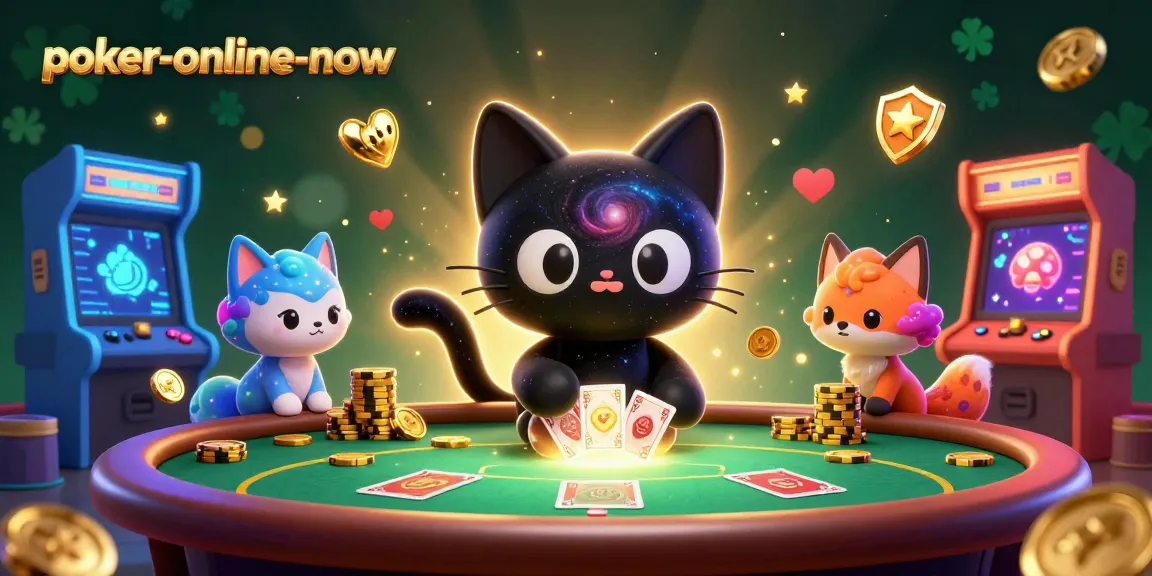 Engage with poker-online-now at a vibrant cosmic poker table with a black hole cat and nebula fox.
