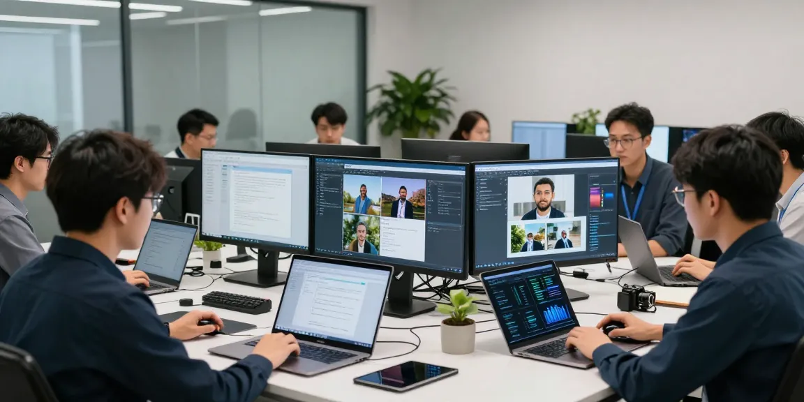 AI Image Detector analysis in a modern workspace with data scientists collaboratively processing images using advanced software tools.