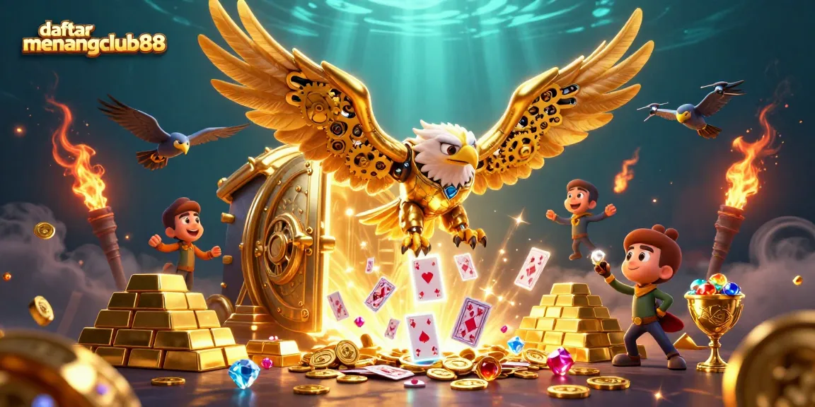 Engage with daftar menangclub88's dynamic gaming experience showcasing a cybernetic eagle amidst a treasure trove.