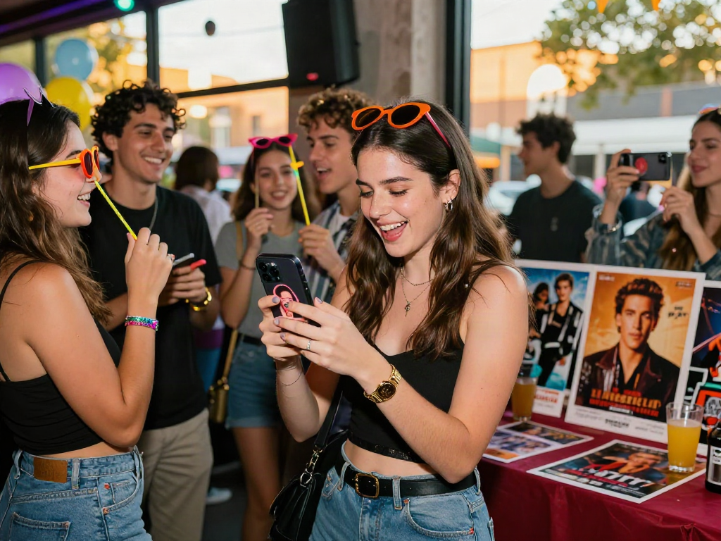 Youthful party scene with friends using a celebrity i look like app, highlighting joyful moments in urban lifestyle.