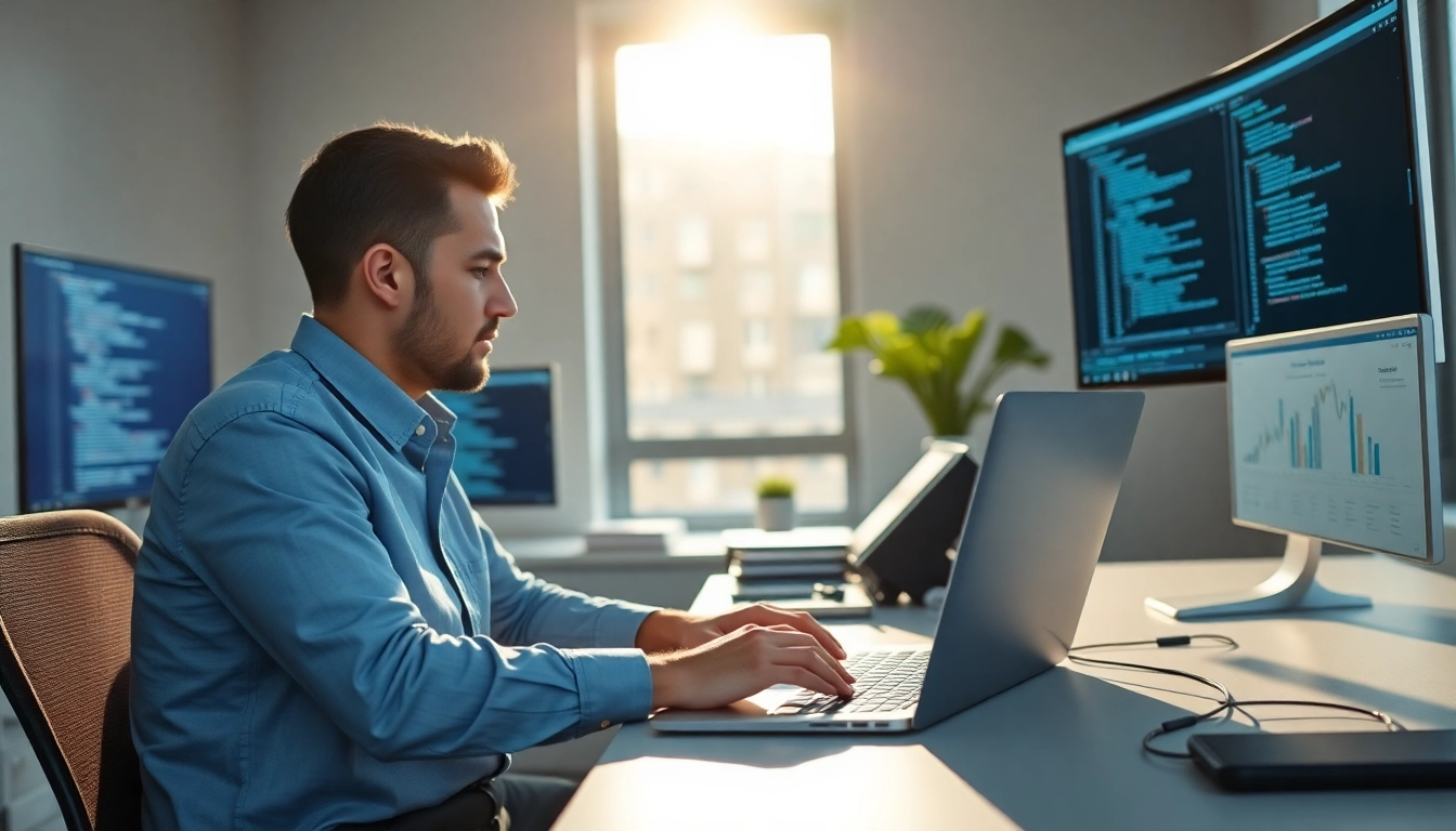 Web developer engaged in Headless Shopify development with dual screens showcasing code and design.