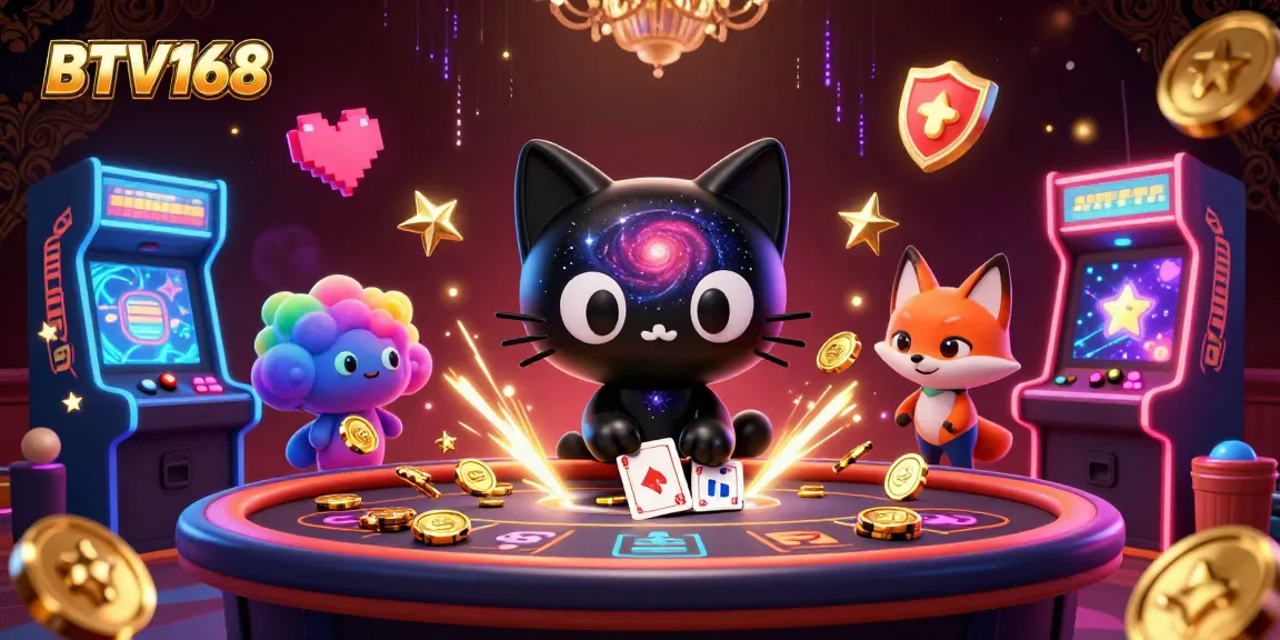 BTV168 unleashes a cosmic gaming adventure featuring a black hole cat attracting casino chips and cards.