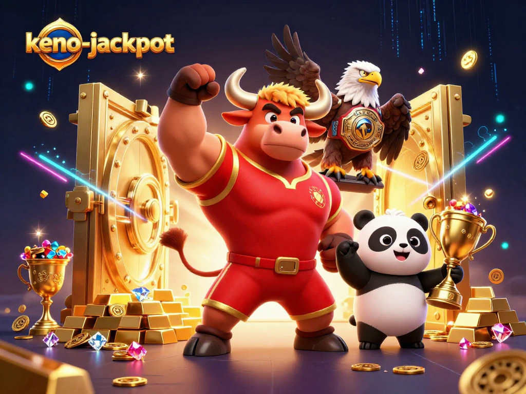 Experience the thrill of keno-jackpot as a muscular bull cheers beside an eagle and panda in a treasure-filled scene.