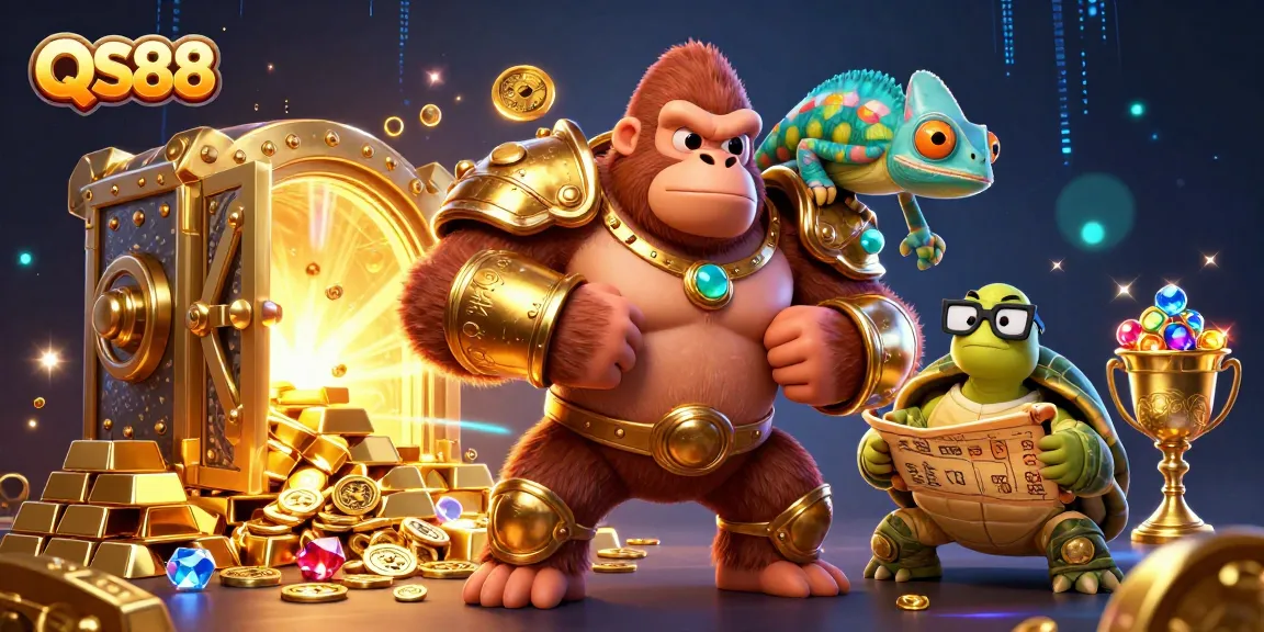 Experience the thrill at QS88 with a majestic gorilla king, vibrant gems, and rich treasures.